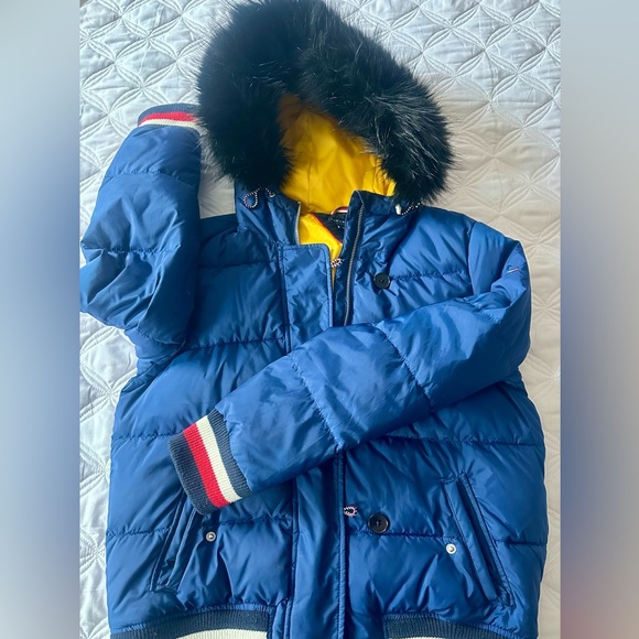 Tommy Hilfiger Puffer Jacket Blue Faux Fur Hood Winter Coat Excellent